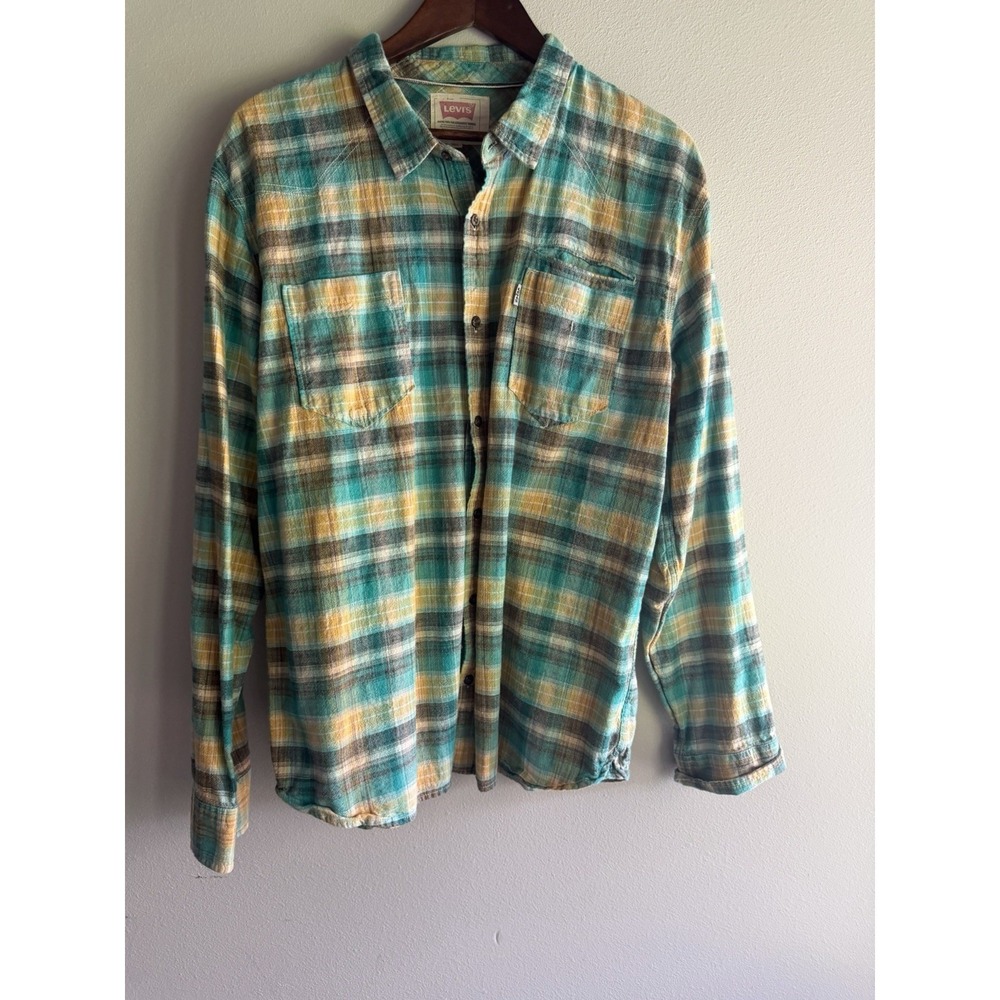 Vtg Levis Strauss XXL Mens Shirt Western Turquoise Yellow Plaid Button Cotton